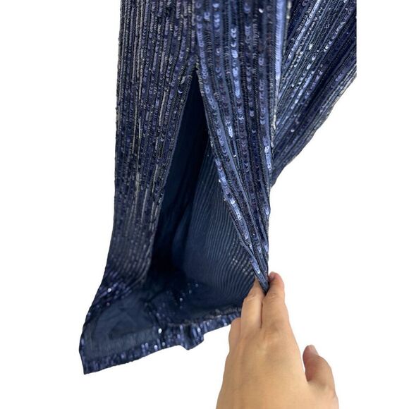 Emerald Sundae Sequined Gown Size Medium Dark Blue Adjustable Straps Side Slit - Picture 7 of 9